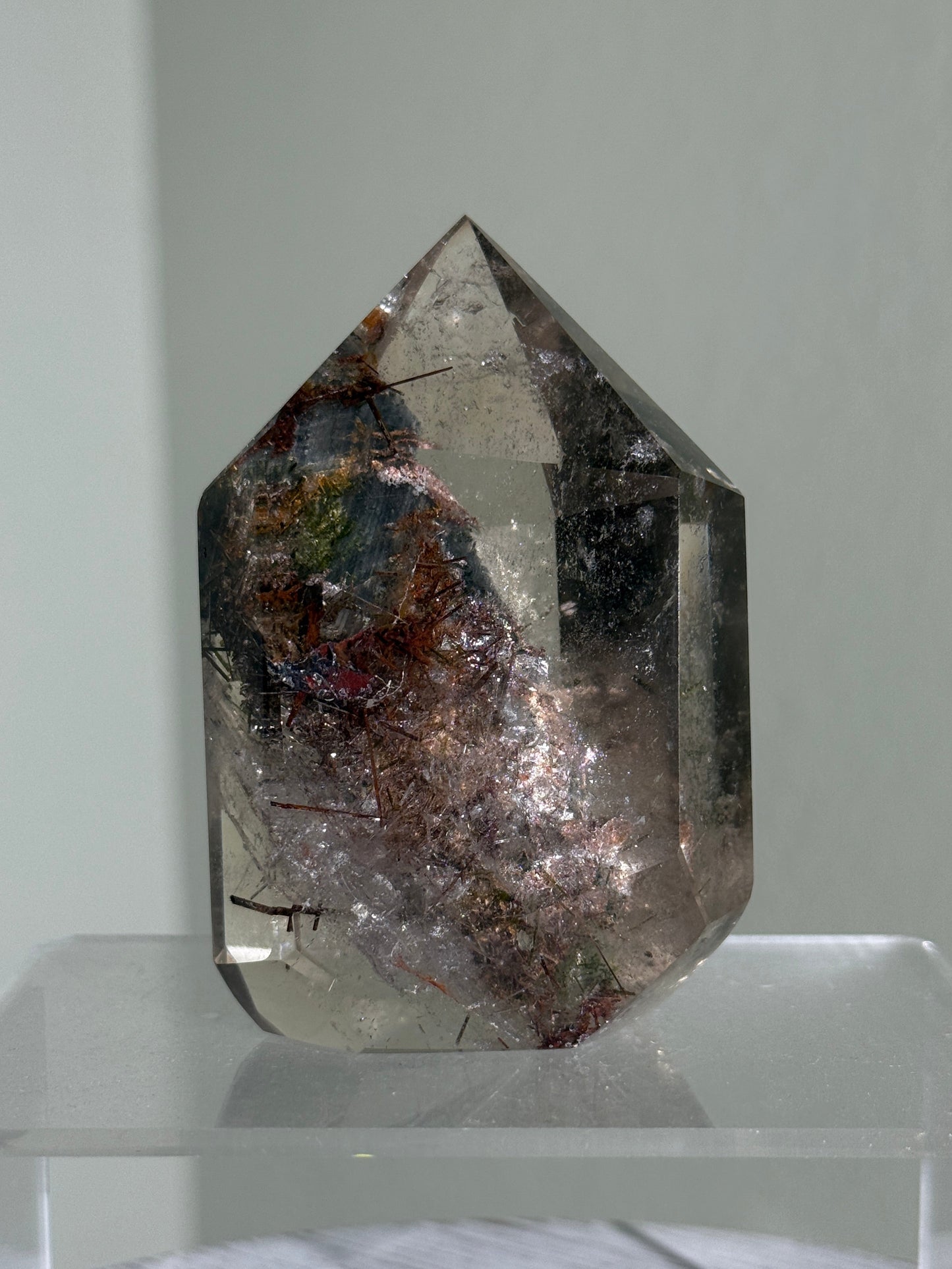 Rare Large Grey Amphibole On Lodalite With Red & Green Epidote in Quartz Tower, Zambia