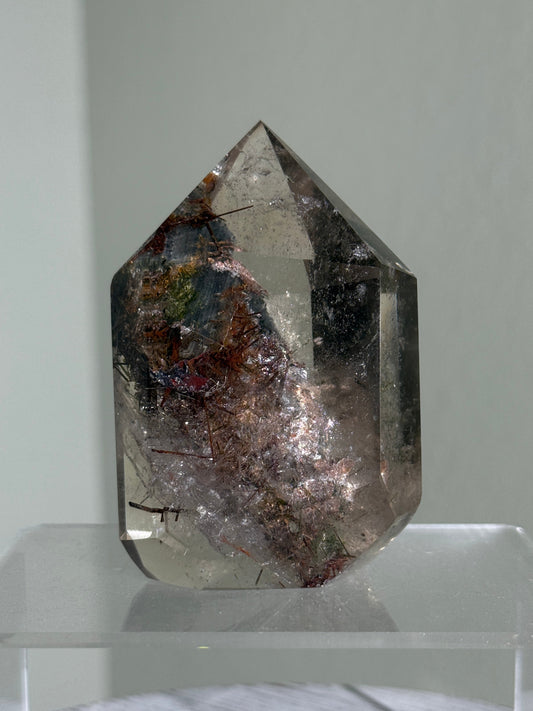 Rare Large Grey Amphibole On Lodalite With Red & Green Epidote in Quartz Tower, Zambia