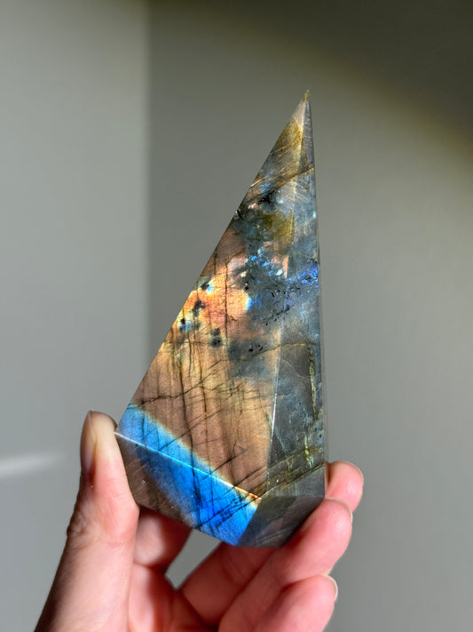Gorgeous Blue & Orange Labradorite Pyramid, Madagascar
