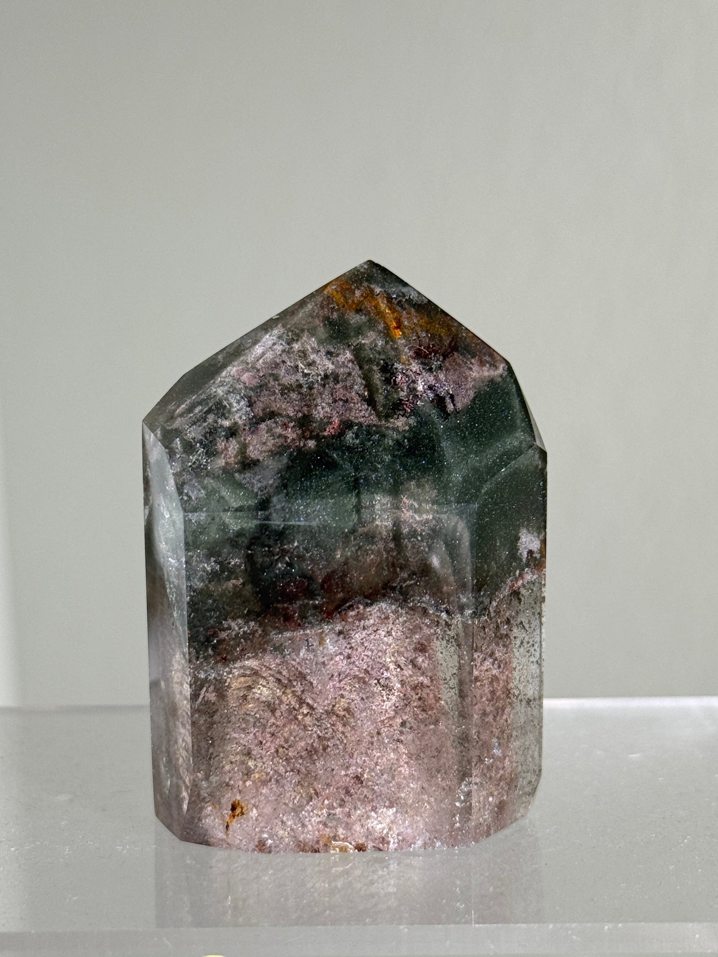 High Quality Phantom Green Chlorite Layered Pink Lodalite in Quartz Tower, Zambia