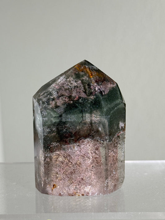 High Quality Phantom Green Chlorite Layered Pink Lodalite in Quartz Tower, Zambia