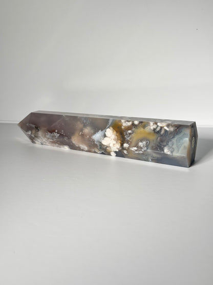 Large Black Flower Agate Tower With Pink Amethyst Inclusion, Madagascar