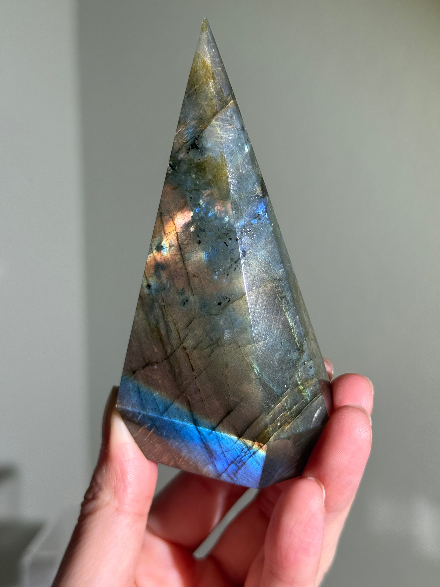 Gorgeous Blue & Orange Labradorite Pyramid, Madagascar