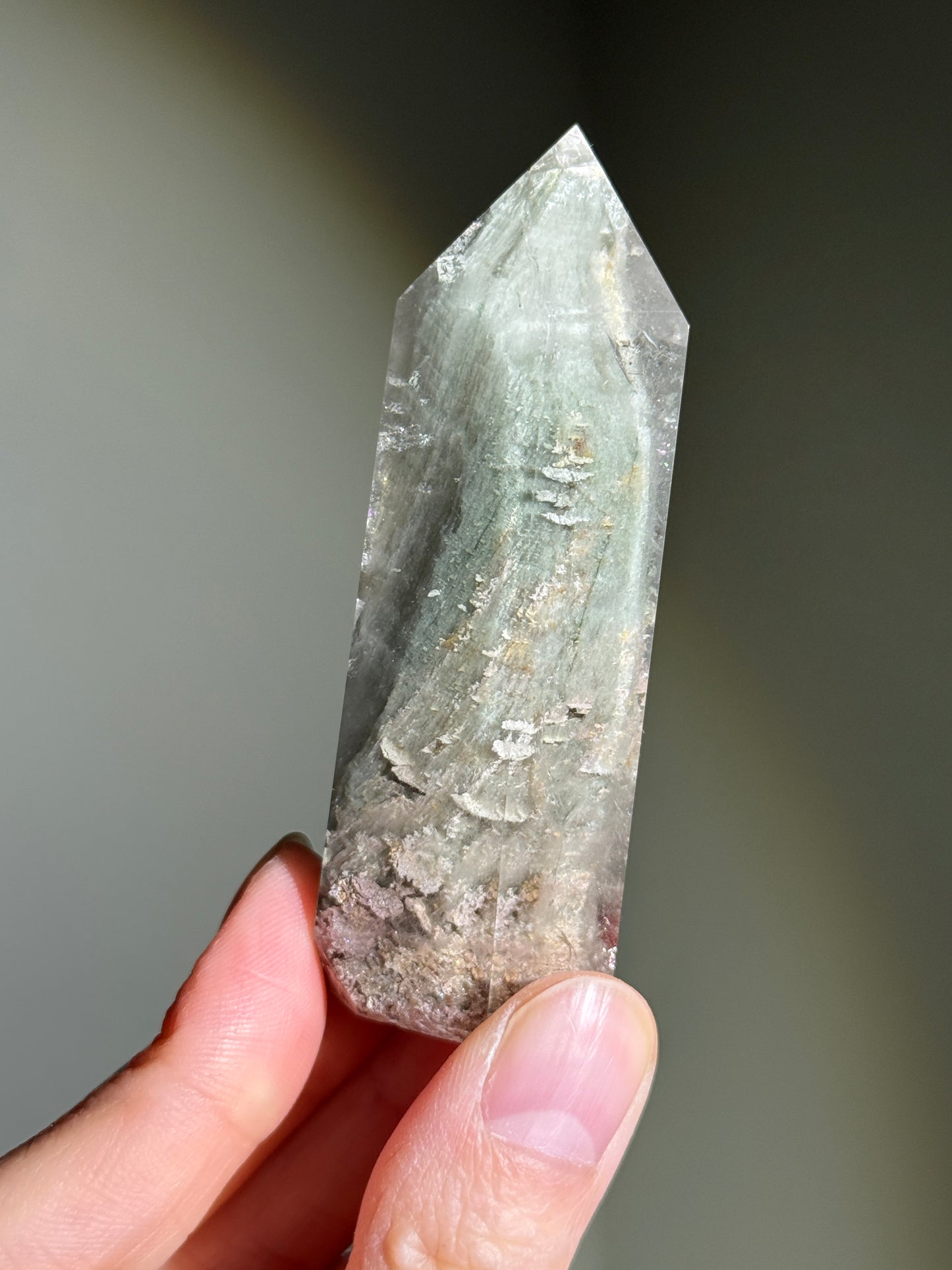 Unique Mint Green & Pink Garden Quartz Tower With Penetrator, Zambia