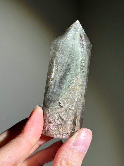 Unique Mint Green & Pink Garden Quartz Tower With Penetrator, Zambia