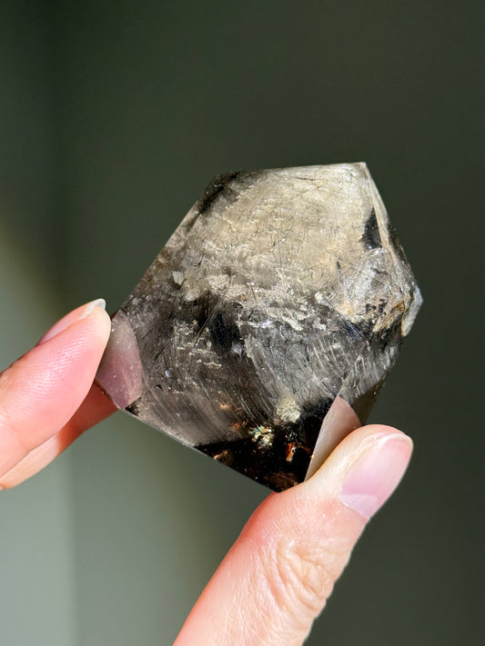 High Quality Dark Smoky Quartz Tower With White Lodolite, Amphibole & Black Rutile, Brazil