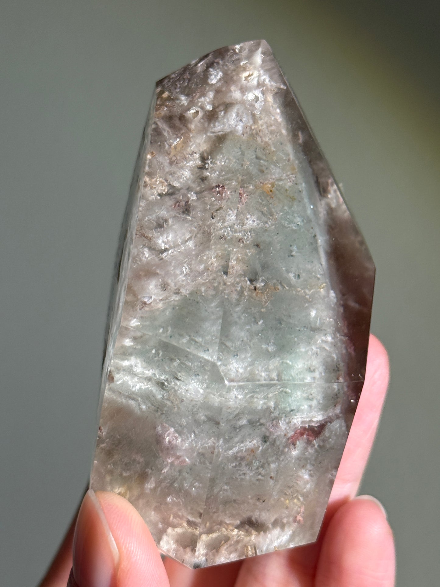 Large Dreamy Sage Green Layered Lodalite x Amphibole In Quartz Freeform, Brazil