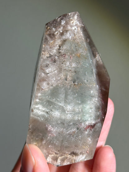 Large Dreamy Sage Green Layered Lodalite x Amphibole In Quartz Freeform, Brazil