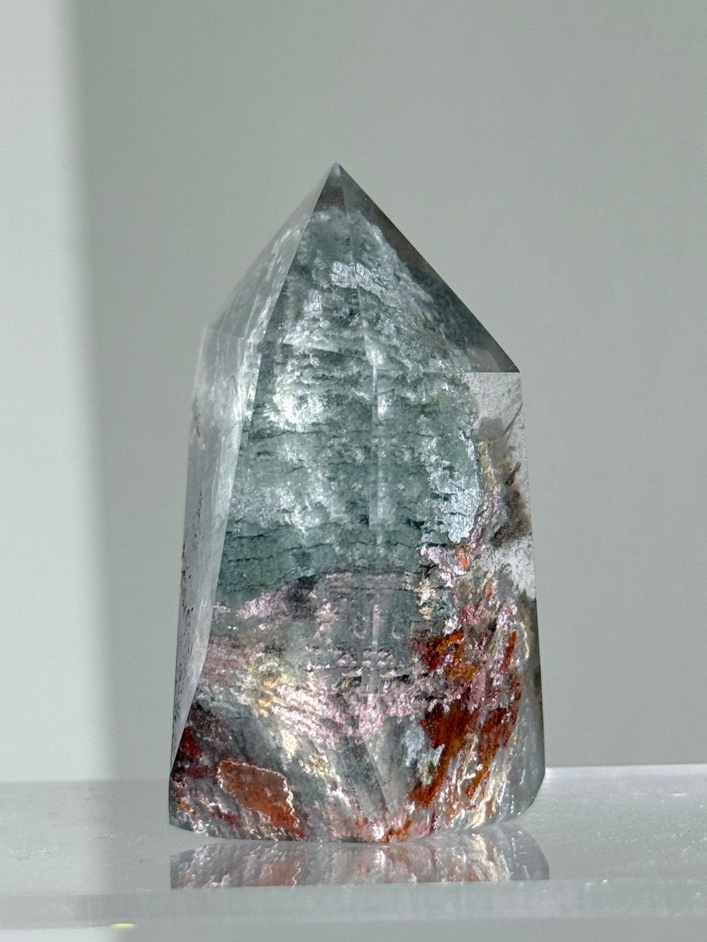 High Quality Water Clear Mint Green & Pink Layered Garden Quartz Tower, Zambia