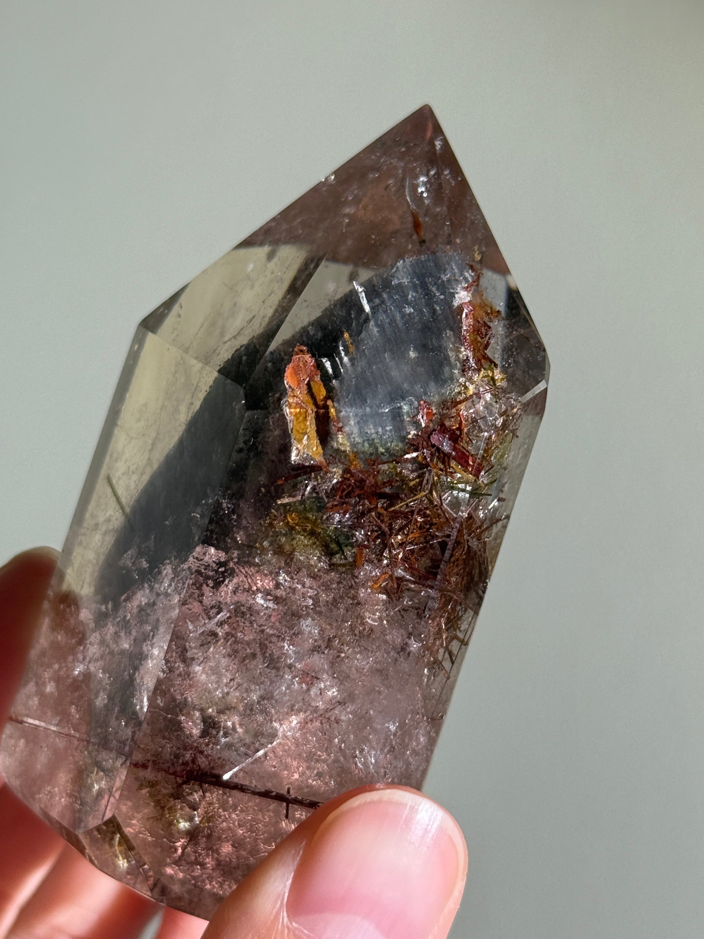 Rare Large Grey Amphibole On Lodalite With Red & Green Epidote in Quartz Tower, Zambia