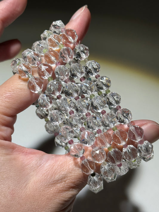 Faceted Clear Quartz Bracelets With Watermelon Tourmaline Beads, 8mm