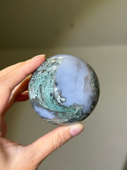 Large Moss Agate Sphere With Blue Chalcedony