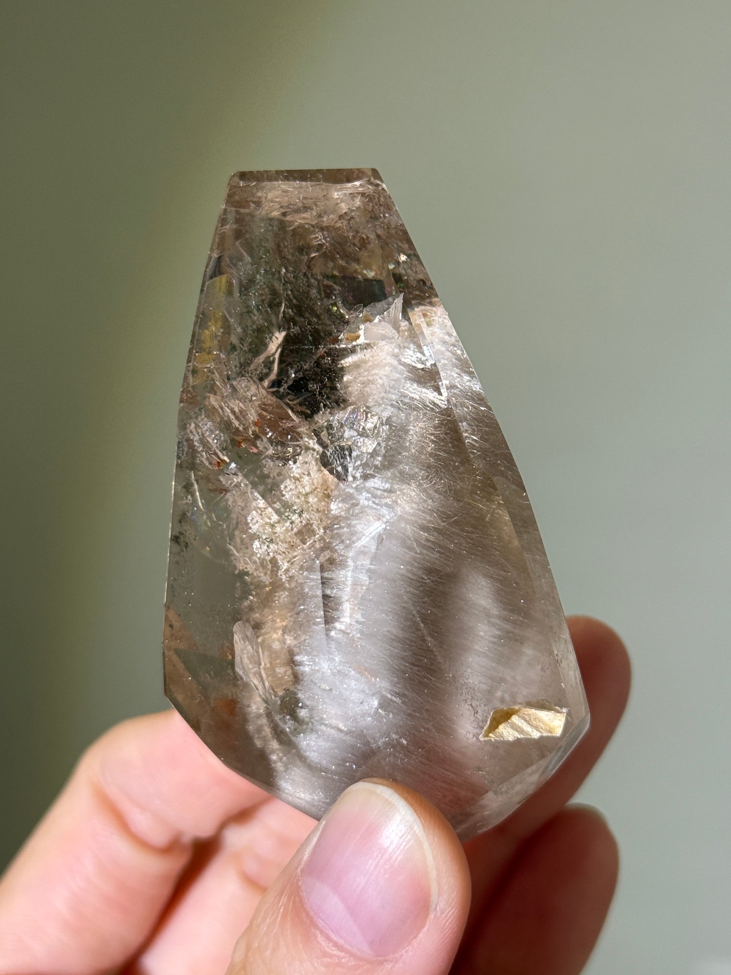 Collector’s Grade Beige Amphibole With Chlorite & Manifestation Quartz, Crystal in Crystal Freeform, Brazil