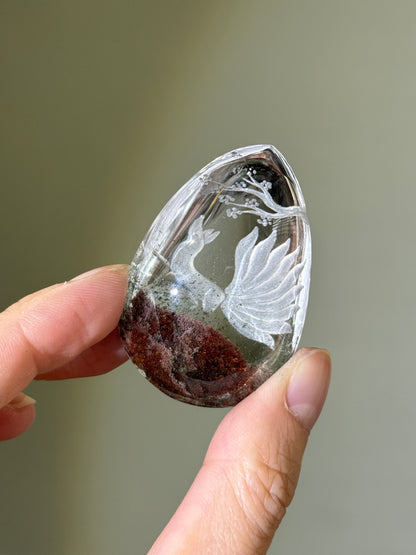 High Quality Water Clear Etched Garden Quartz Teardrop, 9-Tail Fox