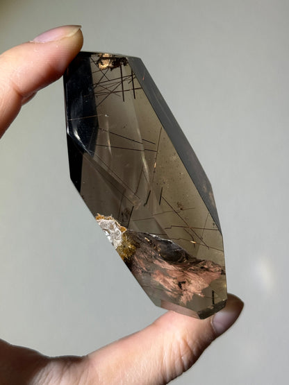 Large Phantom Smoky Quartz Freeform With Red Rutile & Lodalite, Brazil