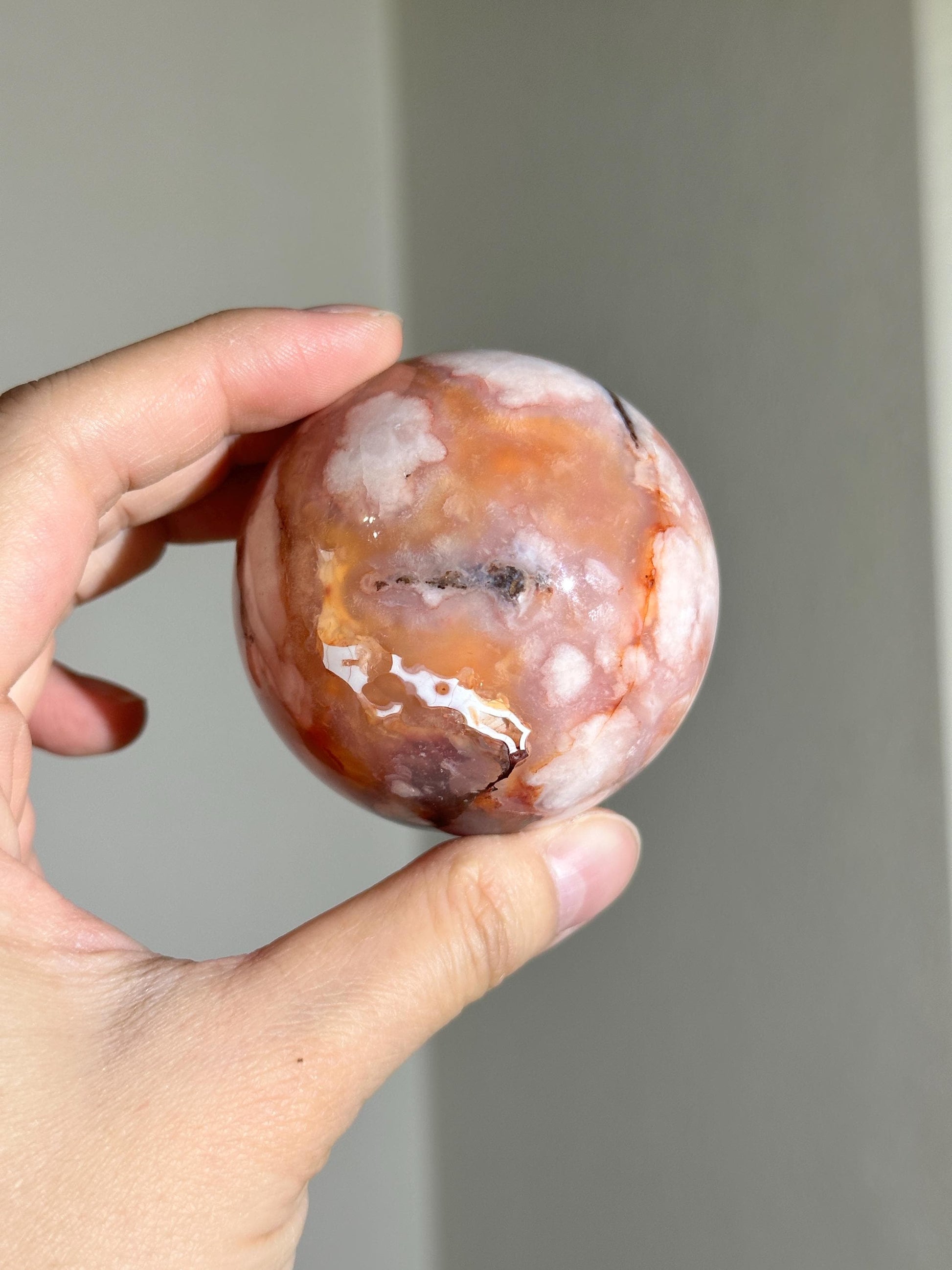 carnelian flower agate sphere with blossoming plumes