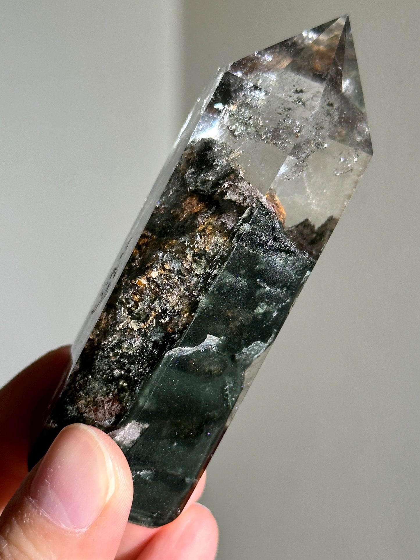 Dark Green Velvety Garden Quartz With Golden Layered Formation In the Middle, Lodalite Quartz, Layered Lodalite Quartz, Chlorite Quartz