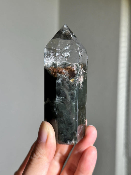 Dark Green Velvety Garden Quartz With Golden Layered Formation In the Middle, Lodalite Quartz, Layered Lodalite Quartz, Chlorite Quartz