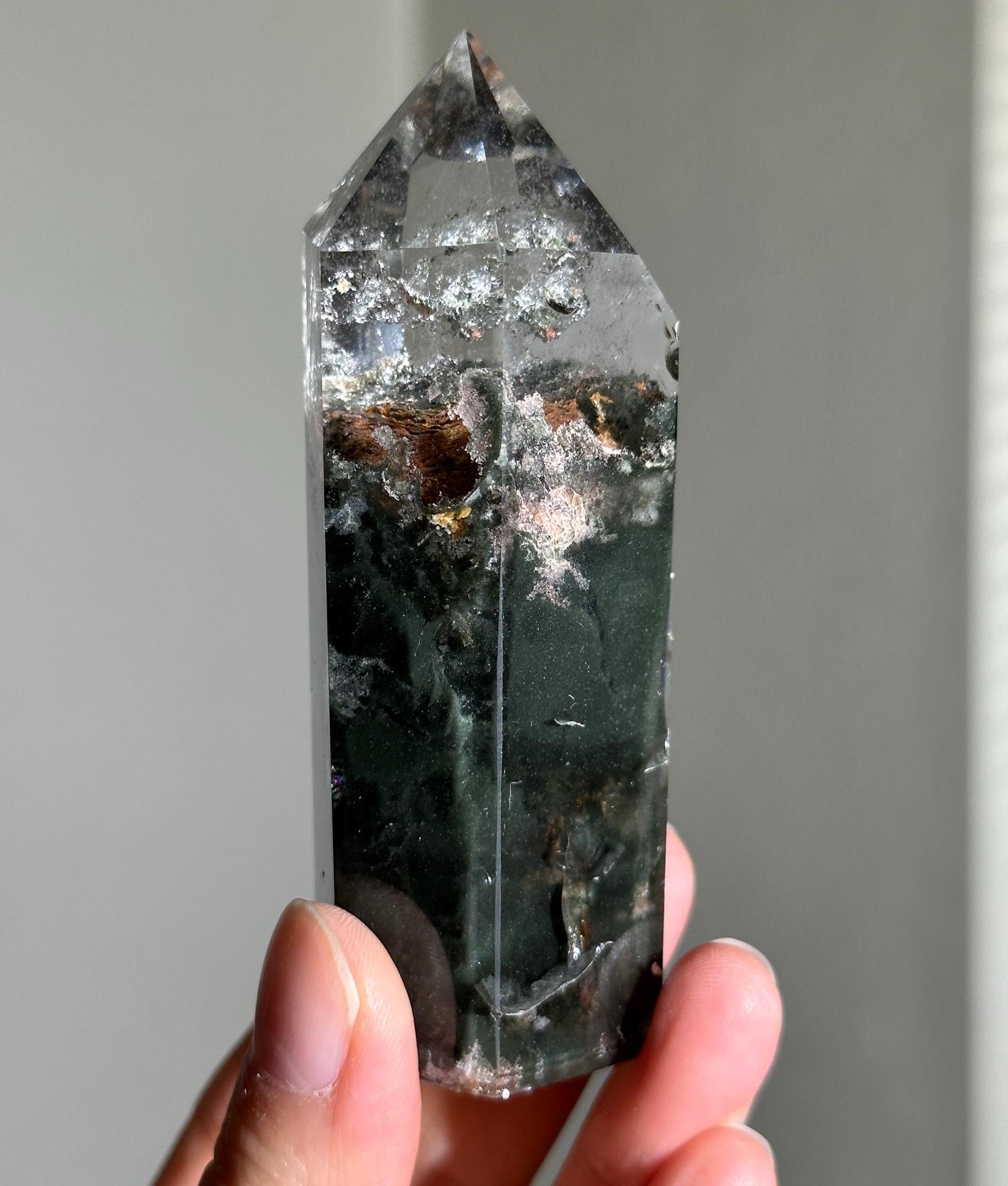 Dark Green Velvety Garden Quartz With Golden Layered Formation In the Middle, Lodalite Quartz, Layered Lodalite Quartz, Chlorite Quartz