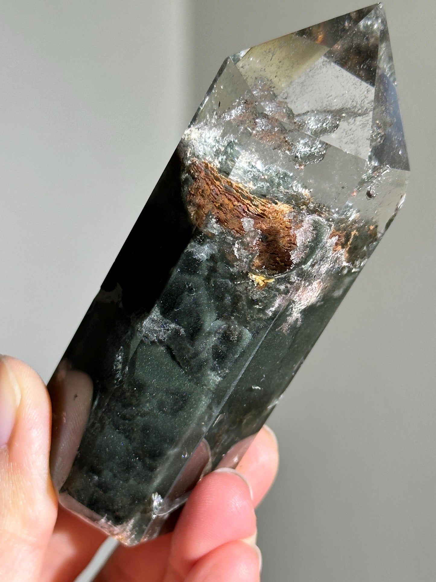 Dark Green Velvety Garden Quartz With Golden Layered Formation In the Middle, Lodalite Quartz, Layered Lodalite Quartz, Chlorite Quartz