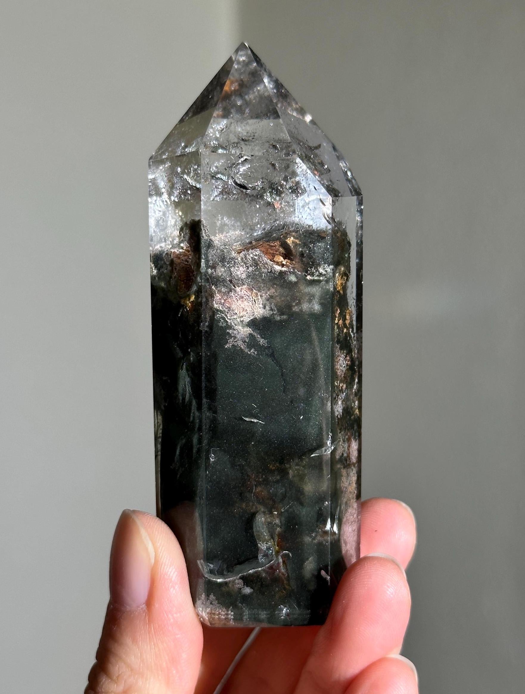 Dark Green Velvety Garden Quartz With Golden Layered Formation In the Middle, Lodalite Quartz, Layered Lodalite Quartz, Chlorite Quartz