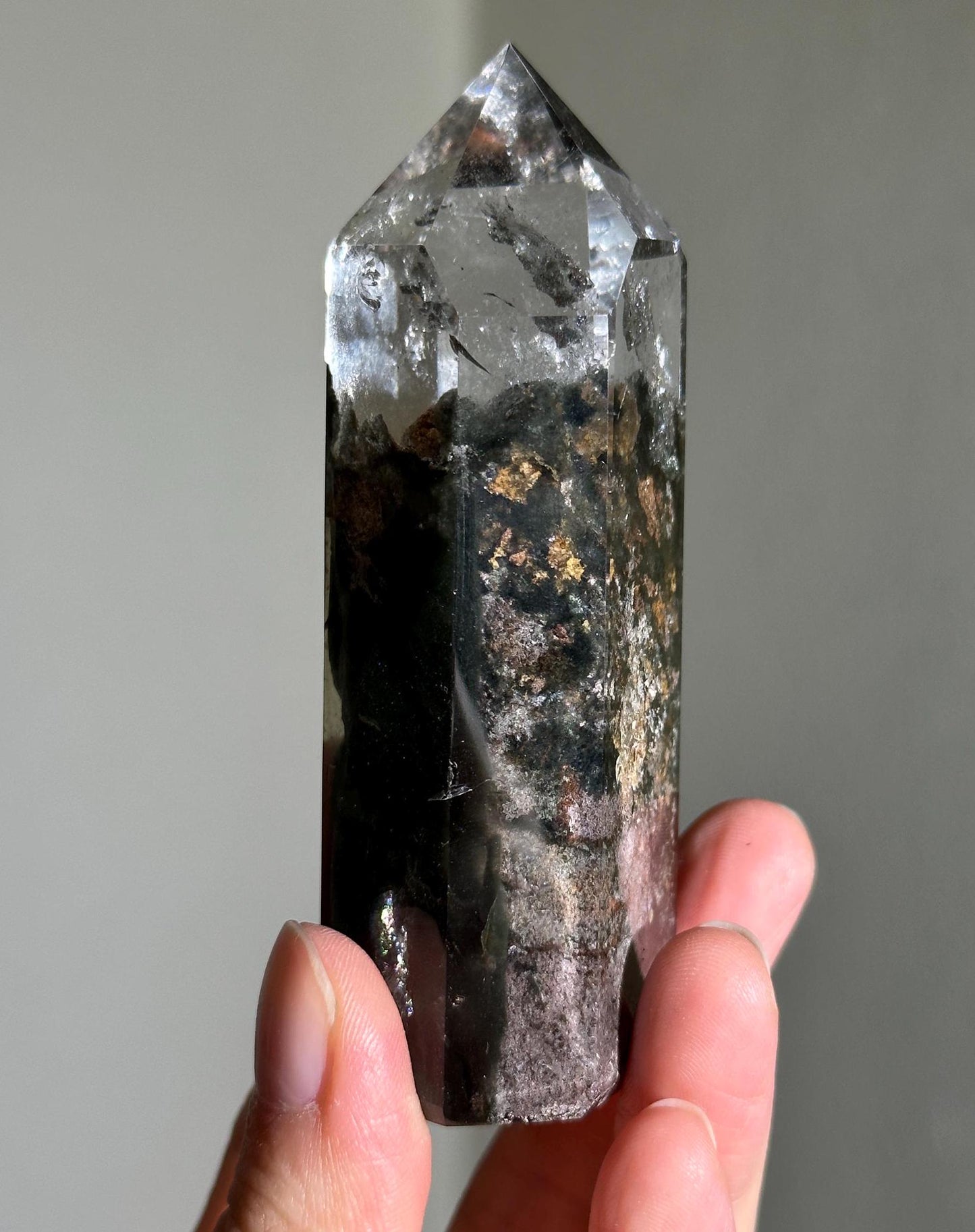 Dark Green Velvety Garden Quartz With Golden Layered Formation In the Middle, Lodalite Quartz, Layered Lodalite Quartz, Chlorite Quartz