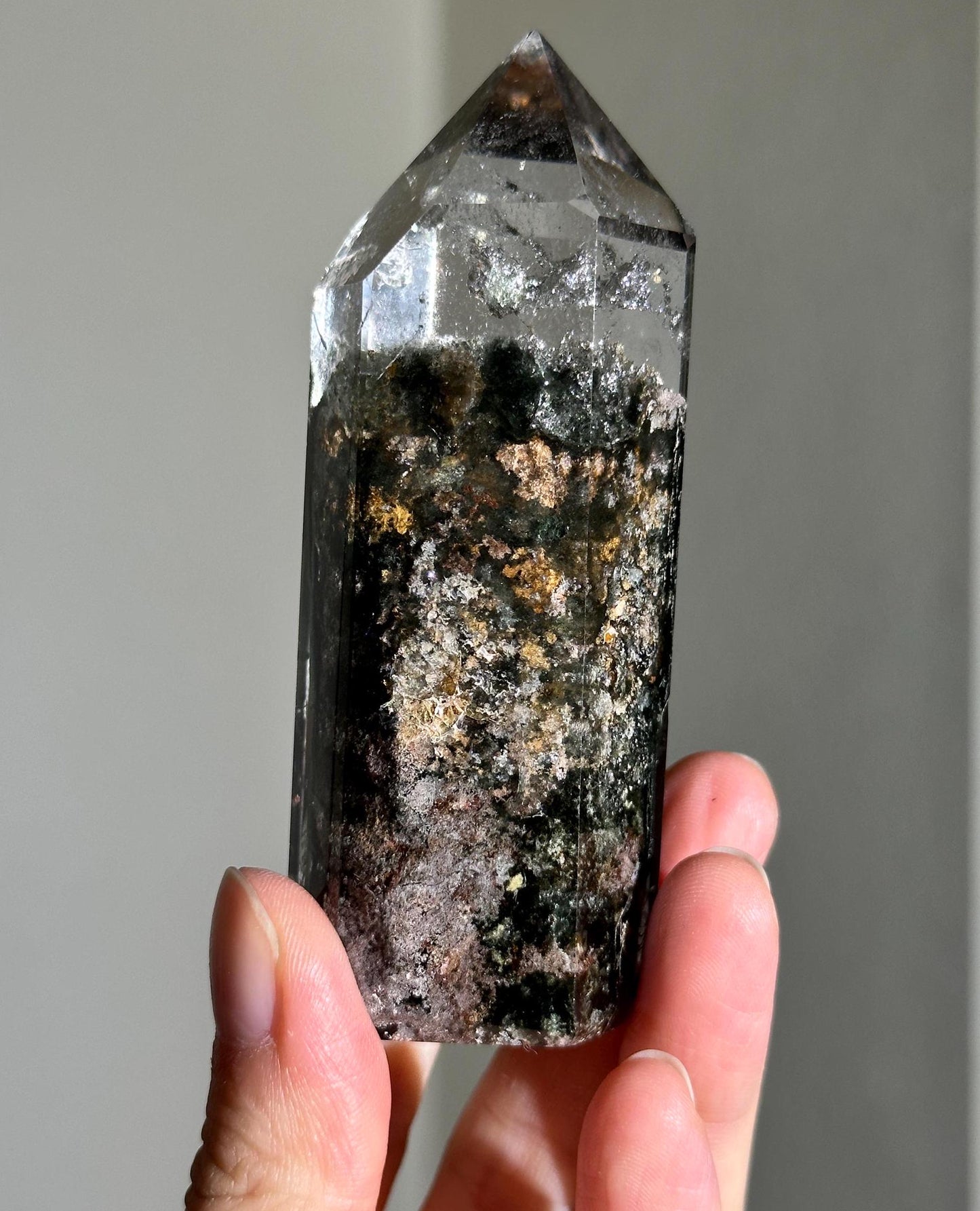 Dark Green Velvety Garden Quartz With Golden Layered Formation In the Middle, Lodalite Quartz, Layered Lodalite Quartz, Chlorite Quartz