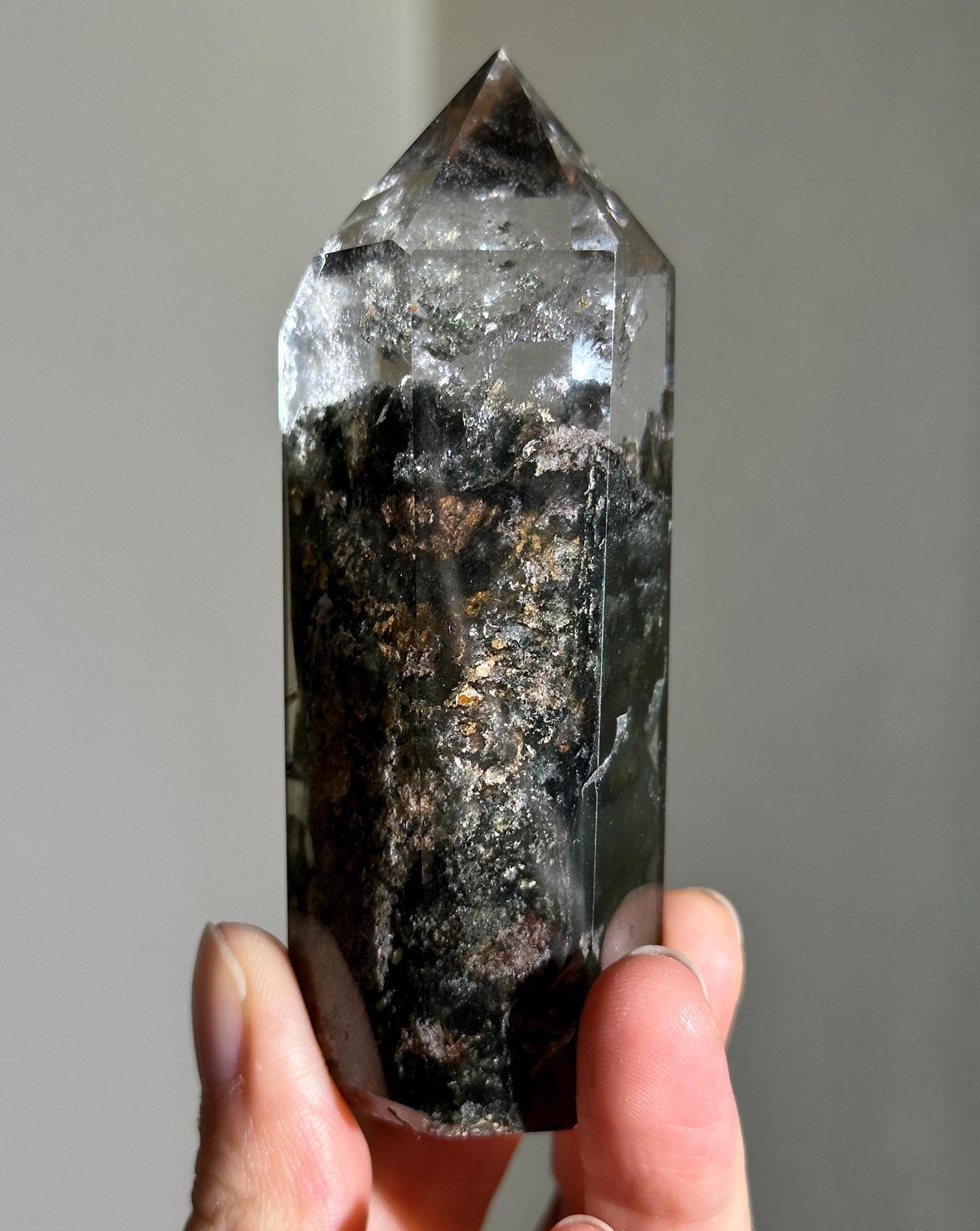 Dark Green Velvety Garden Quartz With Golden Layered Formation In the Middle, Lodalite Quartz, Layered Lodalite Quartz, Chlorite Quartz