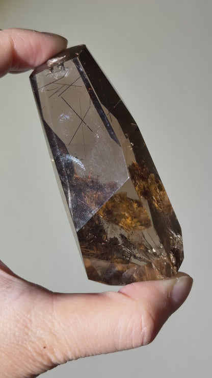 Large Phantom Smoky Quartz Freeform With Red Rutile & Lodalite, Brazil